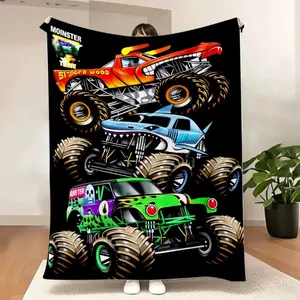 Vibrant Monster Truck Throw Blanket - Featuring Red/Yellow, Blue Shark, and Green Skull Trucks, Bold Cartoon Art , Perfect as a