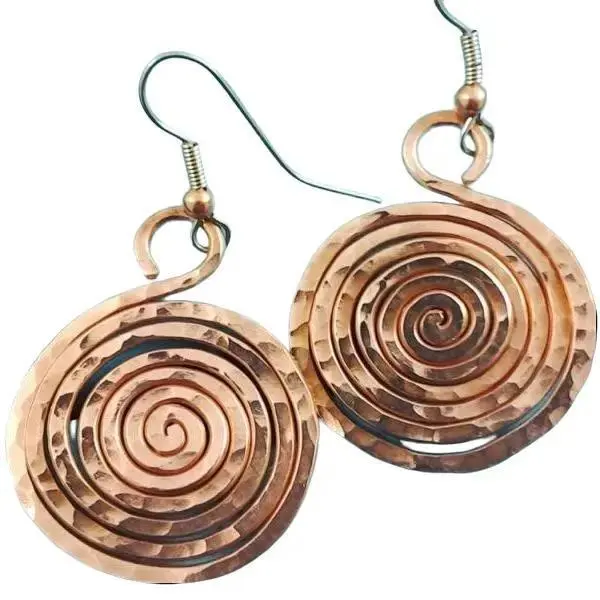 Round Hand Hammered Medium Solid Copper Earrings  Spiral Coil 1.5 inch dangle Handcrafted