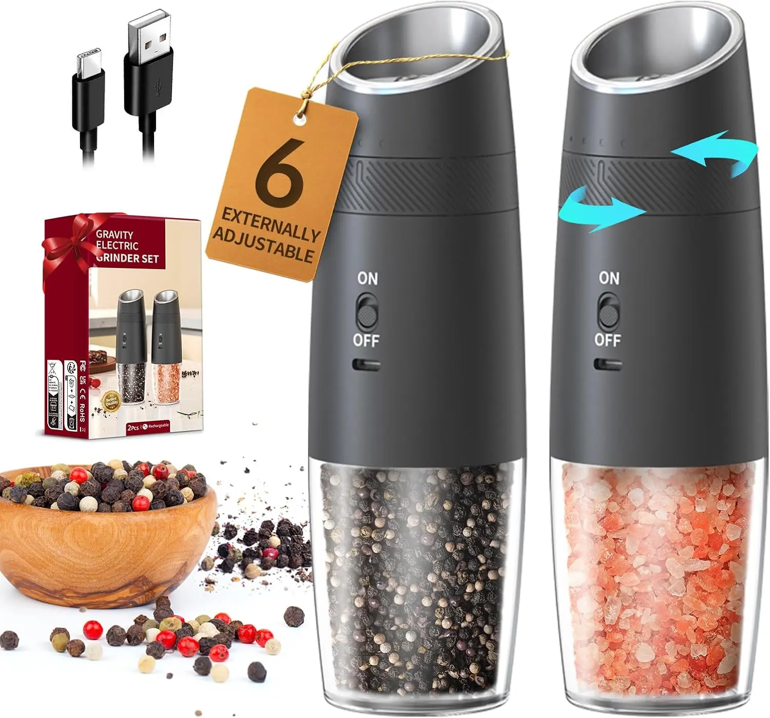 Gravity Electric Salt and Pepper Grinder Set Rechargeable Automatic Pepper and Salt Shakers with LED Light, External Adjustable Coarseness, One-Hand Operation for Salt & Spices