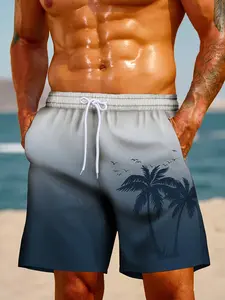 3D Digital Print with Coconut Tree Gradient Pattern: Fashionable, Casual, Everyday, and Vacation-Ready Drawstring Quick-Dry Beach Shorts Swim Trunks