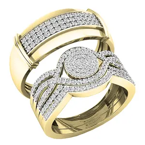 Dazzlingrock Collection Round White Diamond Cluster Criss Cross Matching Wedding Trio Ring Set for Him & Her (0.65 ctw) in 10K Solid Yellow Gold, Women size 7 and Men size 12