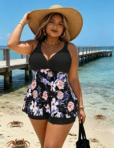 Plus Size Bathing Suit for Women, Floral Print Two-Piece Bathing Suit with a Bandeau Top