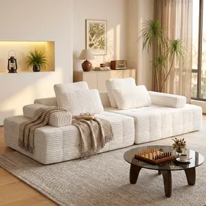 【Father's Day】113" Boneless Sectional Couch - Corduroy Fabric, Fixed Arms, 2-4 Seats, Lumiere Cloud/Mist Haven/Noir Etoile, Glam Modern Indoor Furniture, 2-Package Shipping, Couch for Living Room, Sofas Living Room, Fathers Day Gift outdoorfun