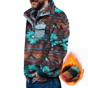 PASLTER Aztec Fleece Jackets Fuzzy Sherpa Sweatshirts Button Down Pullover Coats Western Vintage Sweaters with Pocket B1Y107 Menswear Hoodie