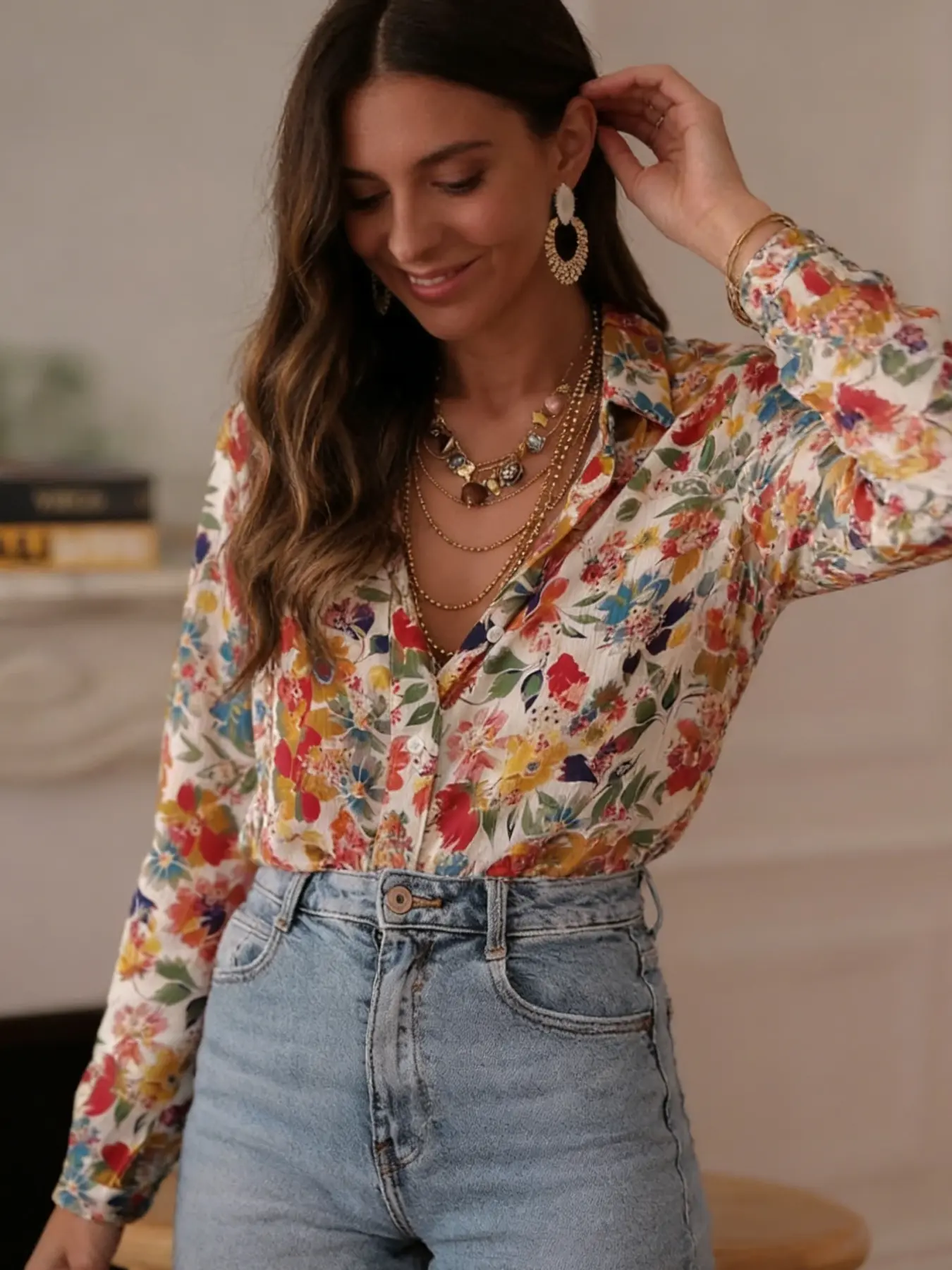 Women's Vintage Colorful Boho Chic Floral Print Lapel Long Sleeve Shirt, Bohemian Style Loose Slim-fit Versatile Blouse Top, Suitable for Home, Indoor and Outdoor Wear, Boho Clothing