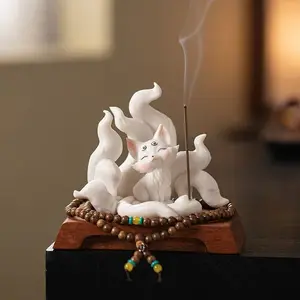 A134. Handmade ceramic fox tea pet figurine, retro zen incense stick holder, desktop home tea room decor gift