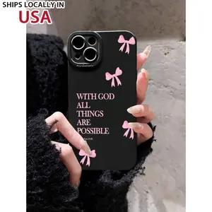 1pc Minimalist Pink Girly Bow Slogan Black Cat Eye Full Coverage Phone Soft Case, Compatible With IPhone 11/12/13/14/15/16 Pro Max