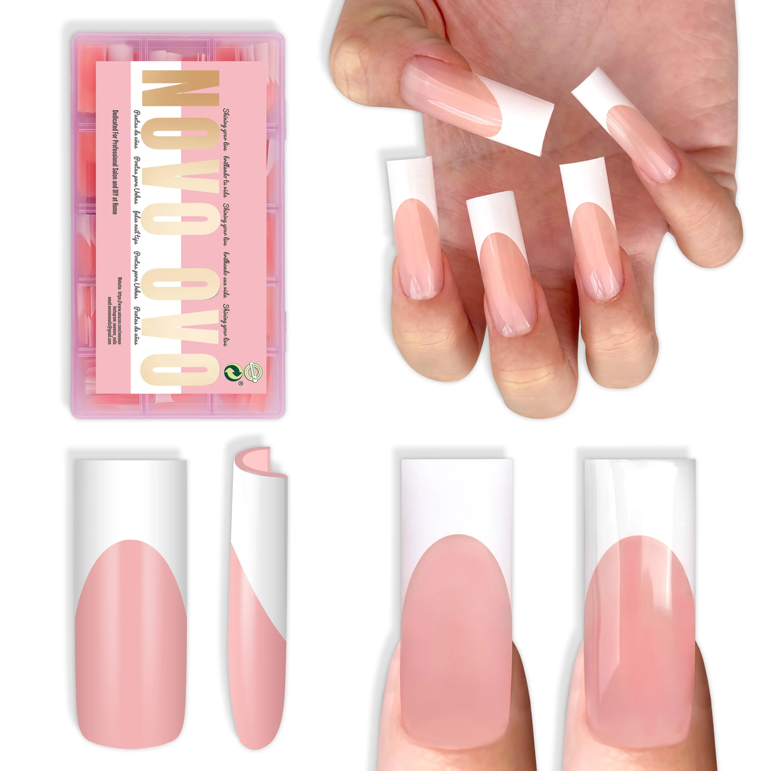 Long Sharp Square White French Tip Baby Pink
