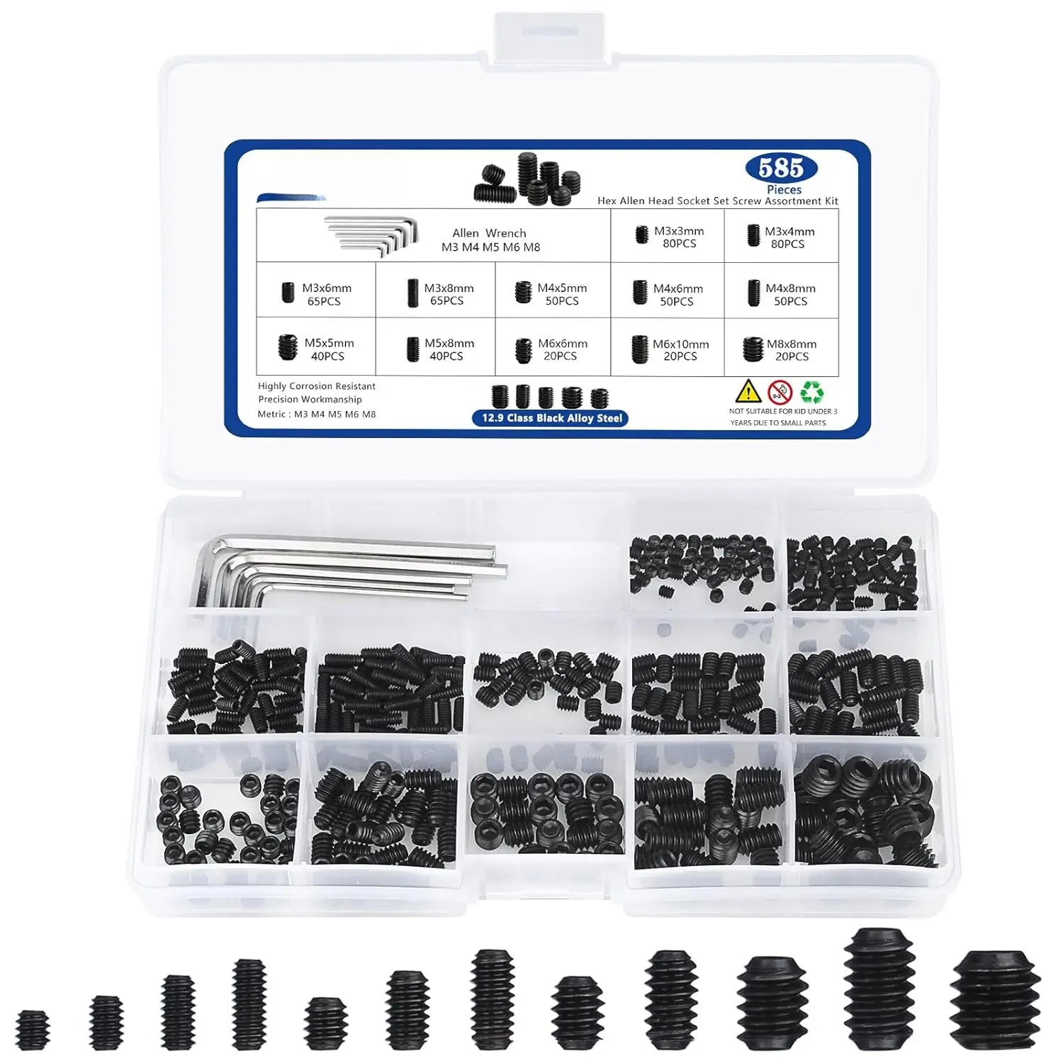 585 count Metric Set Screws (Alloy Steel), M3/M4/M5/M6/M8 Allen  Screws, Internal Hex Drive Cup-Point Screws Assortment Kit for Door Handles, Light Fixture Screws
