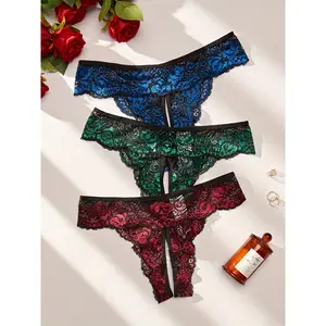 [Sexy Lace Crotchless Panties] 3pcs Plus Size Sexy Lace Crotchless Panties | Color Block Design, Mid-Rise, Stretch Fabric, Split Detail, Light Support, Women's Underwear, Comfortable Undergarment, Colorblock Design, Stretch Fabric Panties