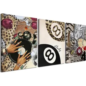 Fashion Cheetah Wall Art Set of 3 Leopard Wall Decor Pictures Lucky 8 Ball Poster Canvas Painting Prints Dark Red Cheetah Artwork for Bedroom Living Room