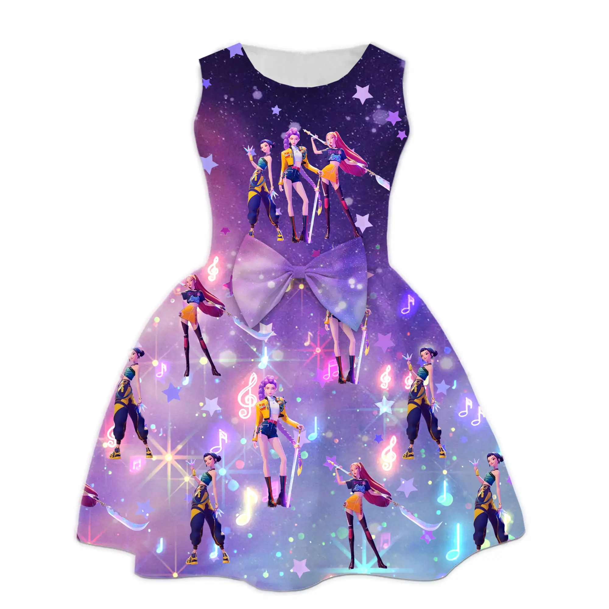 Girls KPOP Demon Hunter Huntrix Role Printed Sleeve Dress,Rumi Mira Zoey Character Design Outfits Casual Fit for Kids 4-14 Years