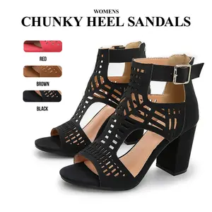 CYNLLIO Womens High Heels Peep Round Toe Chunky Block High Heel Adjustable Ankle Buckle Strap Fashionable Hollow Design Out Zipper Heeled Sandals for Office Party Outing Dating Casual Dress Spring Summer Roman Shoe Sandals