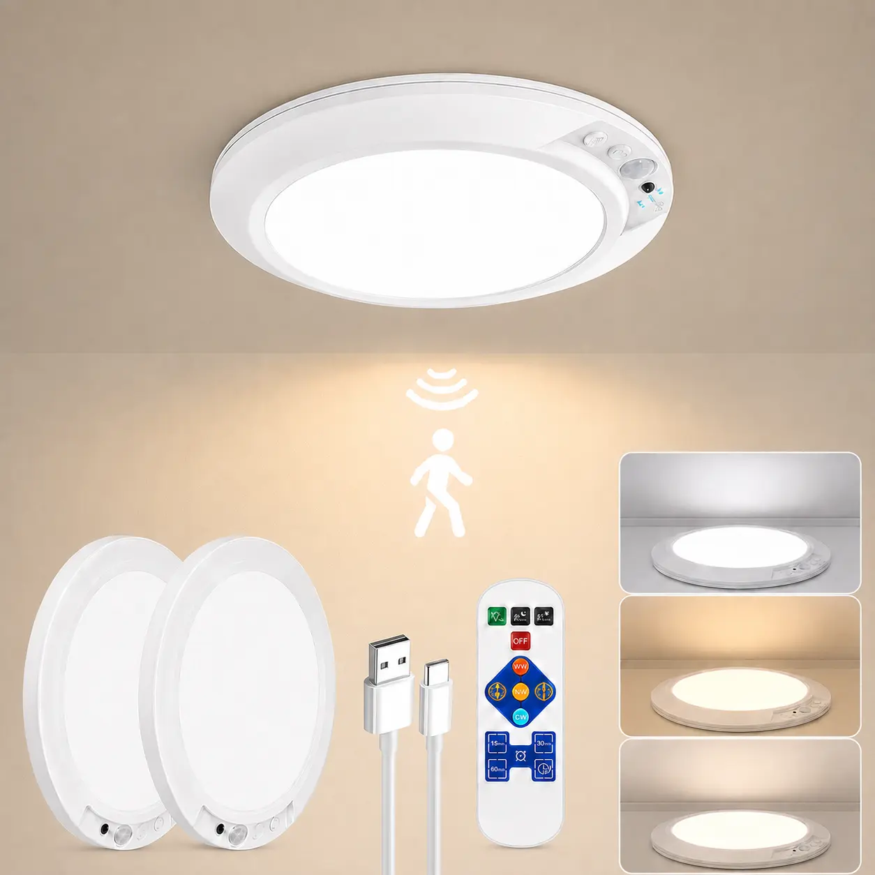 Rechargeable Motion Sensor Ceiling Lamp with Remote Control - ABS Built-in Cells Wireless LED, 3-Color Dimmable Adjustable Light Mode Automatic Indoor Overhead for Cabinet, Porch (Bulb Included, No Wiring Needed)