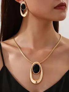Elegant Creative Necklace + Earrings Set, Trendy Jewelry Set, Fashion Geometric Asymmetric Oval Gold Pendant, Acrylic Contrast Design, Daily Wear, Festivals, Parties, Matching Jewelry Set