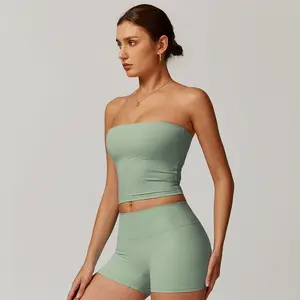 MASKERT Women's Two Piece Set Sports Cropped Tube Tank Top & Shorts, Stretchy Skin-Friendly for Sports & Outdoor Activities