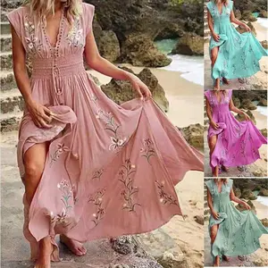Summer 2025 Women's V-neck French Beach Bohemian Floral Print Sleeveless Dress Elegant Formal Casual Day Streetwear Spring Gamis Fitted summer outfits Womenswear Elegance summer outfits Evening Boho prom dress Pink prom dress