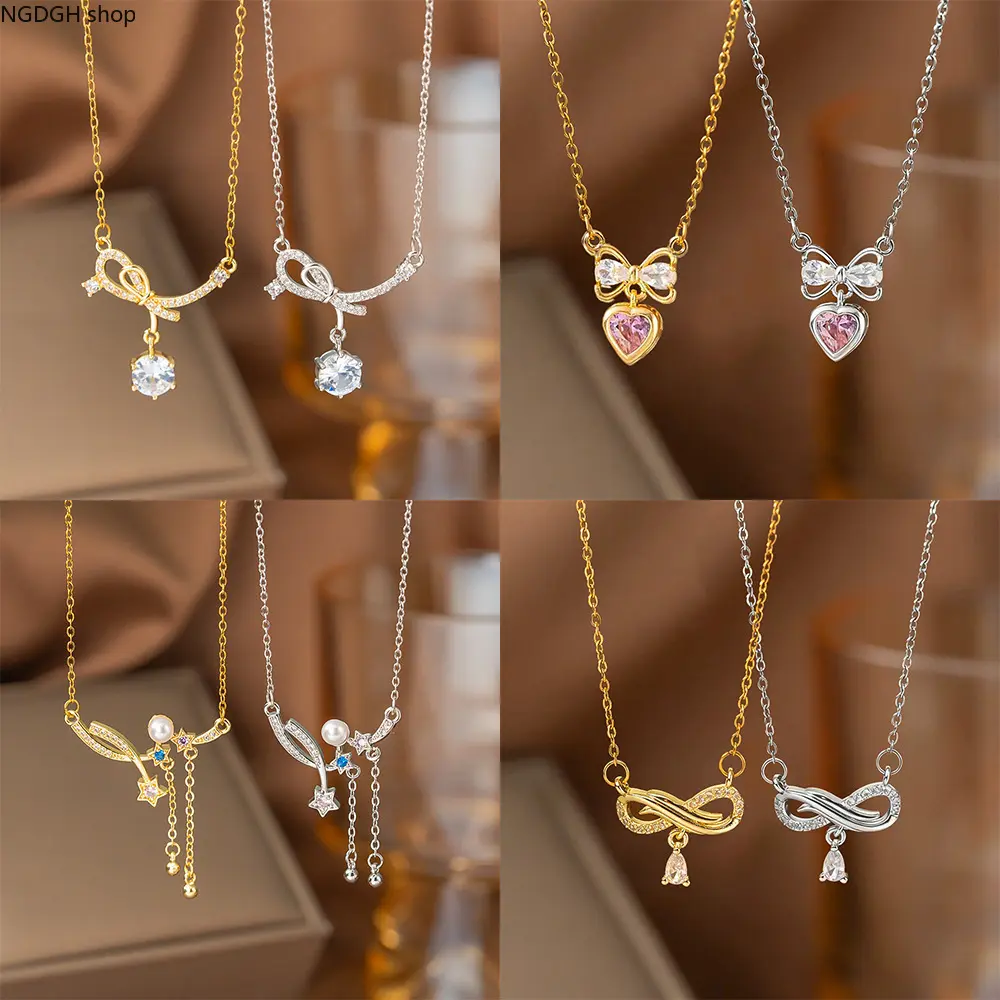 Gold Double Heart Necklace for Women, Dainty Layered Pendant with Sparkling Crystals, Elegant Valentine's Day Jewelry, [8260] Double Heart Shape, Necklace, Gold.
