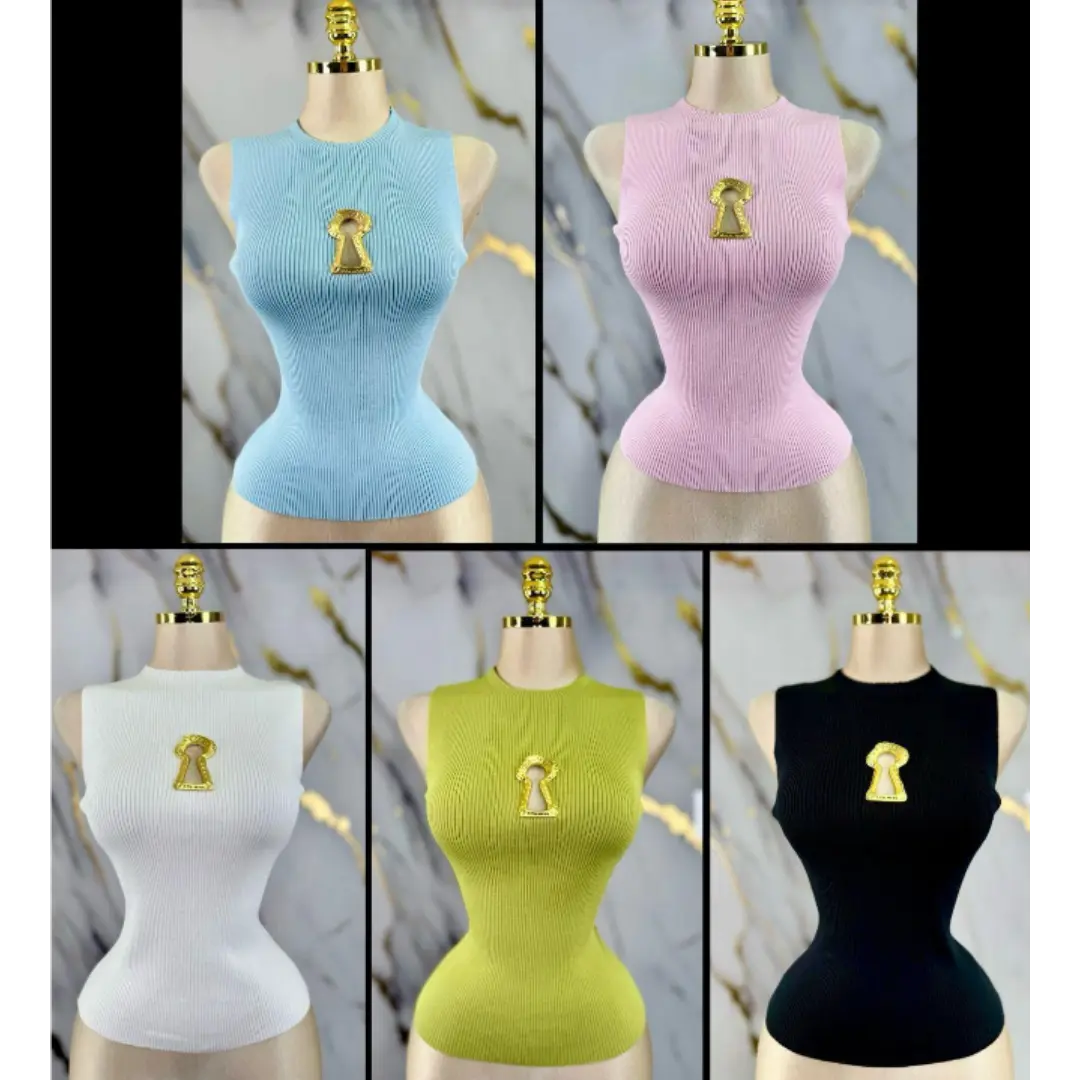 Ribbed Sleeveless Top with Gold Keyhole Detail – Ivory