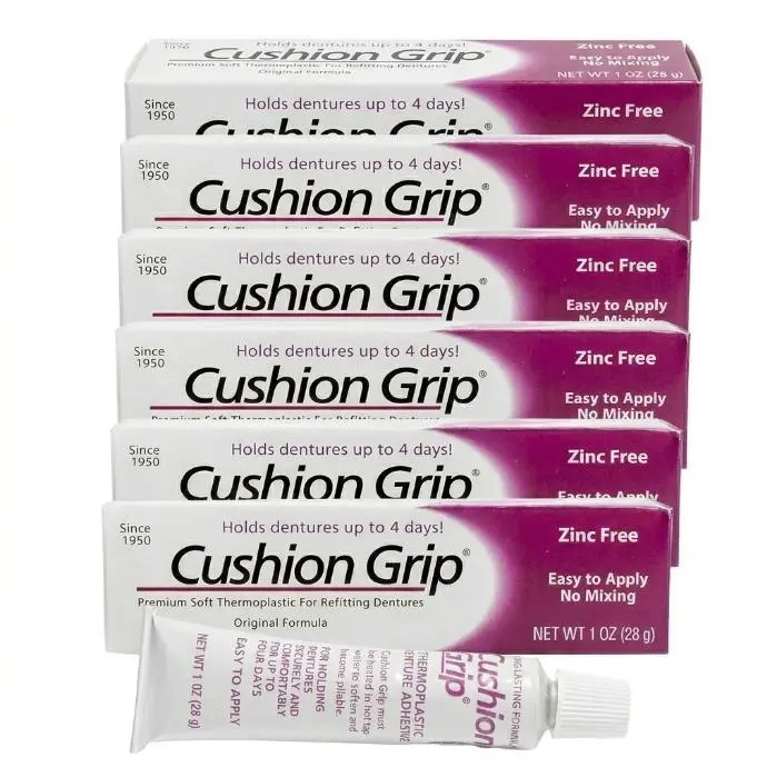🔥 HOT SALE 51% OFF Cushion Grip Thermoplastic Denture Adhesive – Refits and Tightens Loose Dentures, Works Like a Denture Reliner for Long-Lasting Comfort, Holds Up to 4 Days, Waterproof and Zinc-Free – 1 oz (Pack of 6)
