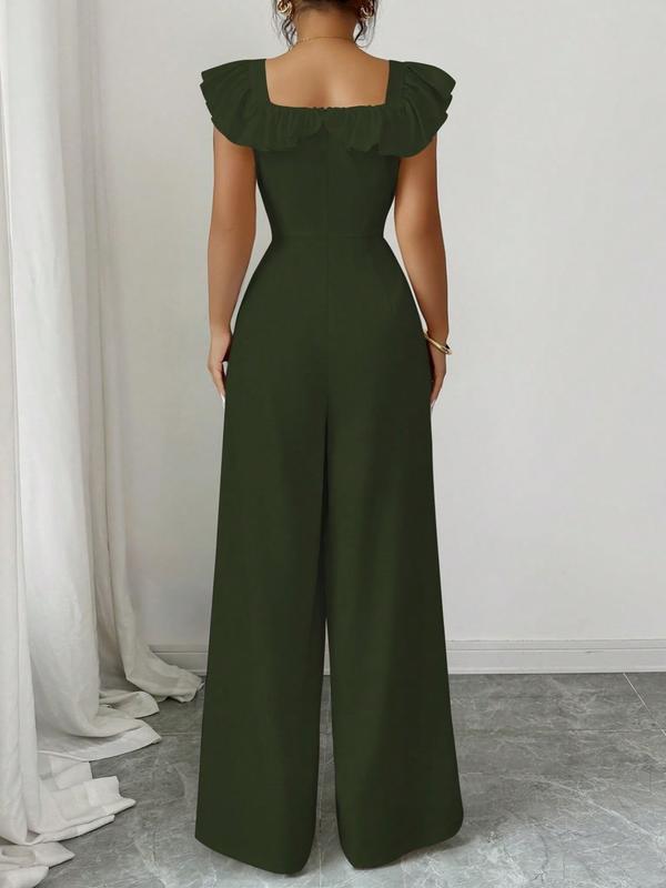 New Women's Square Neck Ruffle Mock Front Belted Button Pants, Casual Fitted Long Pants for Spring & Fall, Elegant Commuter Wear Jumpsuit