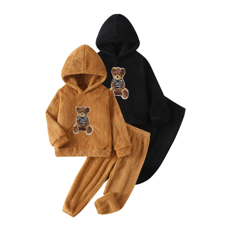 4-piece winter boy hooded bear cute cartoon printed fleece suit skin-friendly comfortable wild outdoor warm boy long sleeve and trousers children's suit Clothing Set Casual Set