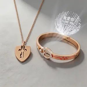 Heart Lock Bracelet  Key Necklace Set "I Love You in 100 Languages" Projection Jewelry Matching Couple Accessories  Rose Gold Couple Key Pendant Necklace Gift for Boyfriend Girlfriend