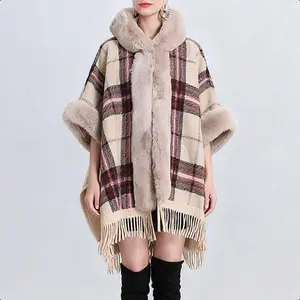 Plaid Faux Fur Trimmed Poncho – Cozy & Stylish for Fall/Winter 815