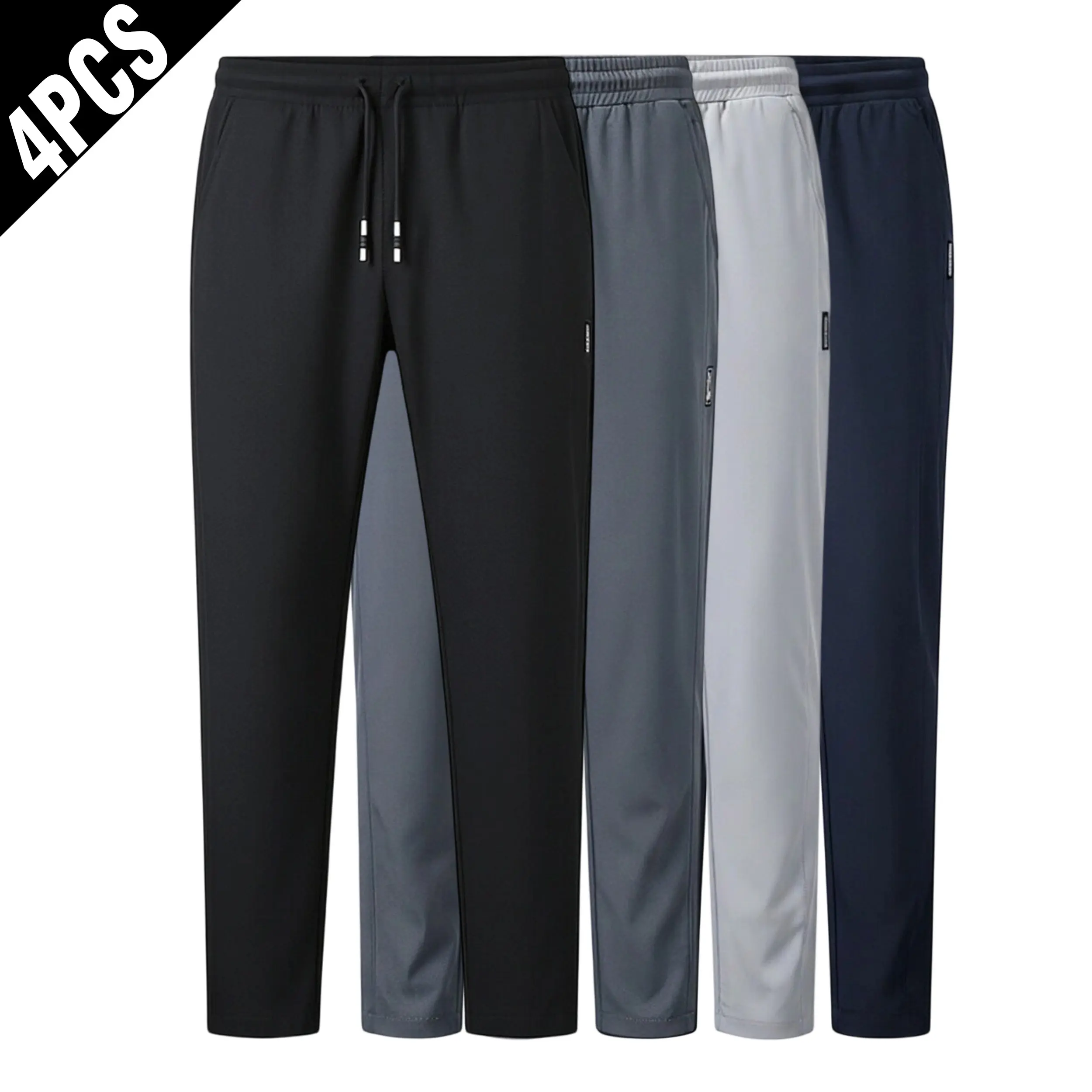 4 Pack Men Stretch Quick Dry Straight Leg Jogger Pants, Metal Tip Drawstring Elastic Waist Side Zipper Pocket Casual Workout Trousers Multipack fit bottom male clothes com frt clothing outdoor training pant