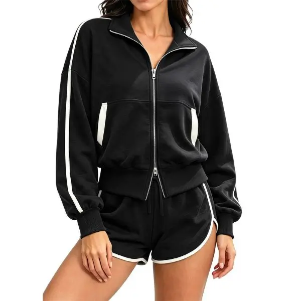 Fisoew Women's 2 Piece Contrast White Stripe Tracksuit, Stand Collar Full Zip Cropped Jacket & Elastic Drawstring Dolphin Sweat Shorts Casual Athleisure Co Ord Set
