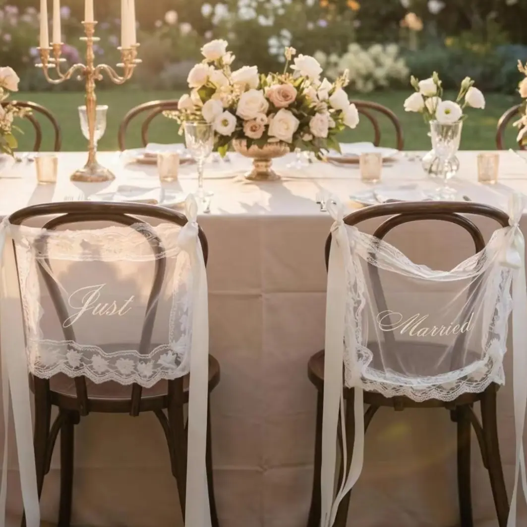 Just Married Lace Wedding Chair Signs, Set of 2 Romantic Fabric Ribbon Chair Banners, Bride and Groom Chair Back Decor for Wedding Ceremony, Reception & Sweetheart Table Decoration Gift