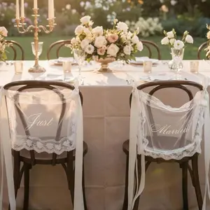 Just Married Lace Wedding Chair Signs, Set of 2 Romantic Fabric Ribbon Chair Banners, Bride and Groom Chair Back Decor for Wedding Ceremony, Reception & Sweetheart Table Decoration Gift