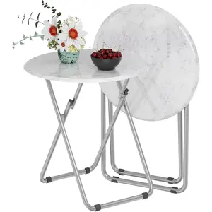 Round Folding TV Tray Table Foldable Snack Tray for Eating Set of 2 Small Dinner Table for Couch Living Room Small Space White Marble 2Pcs