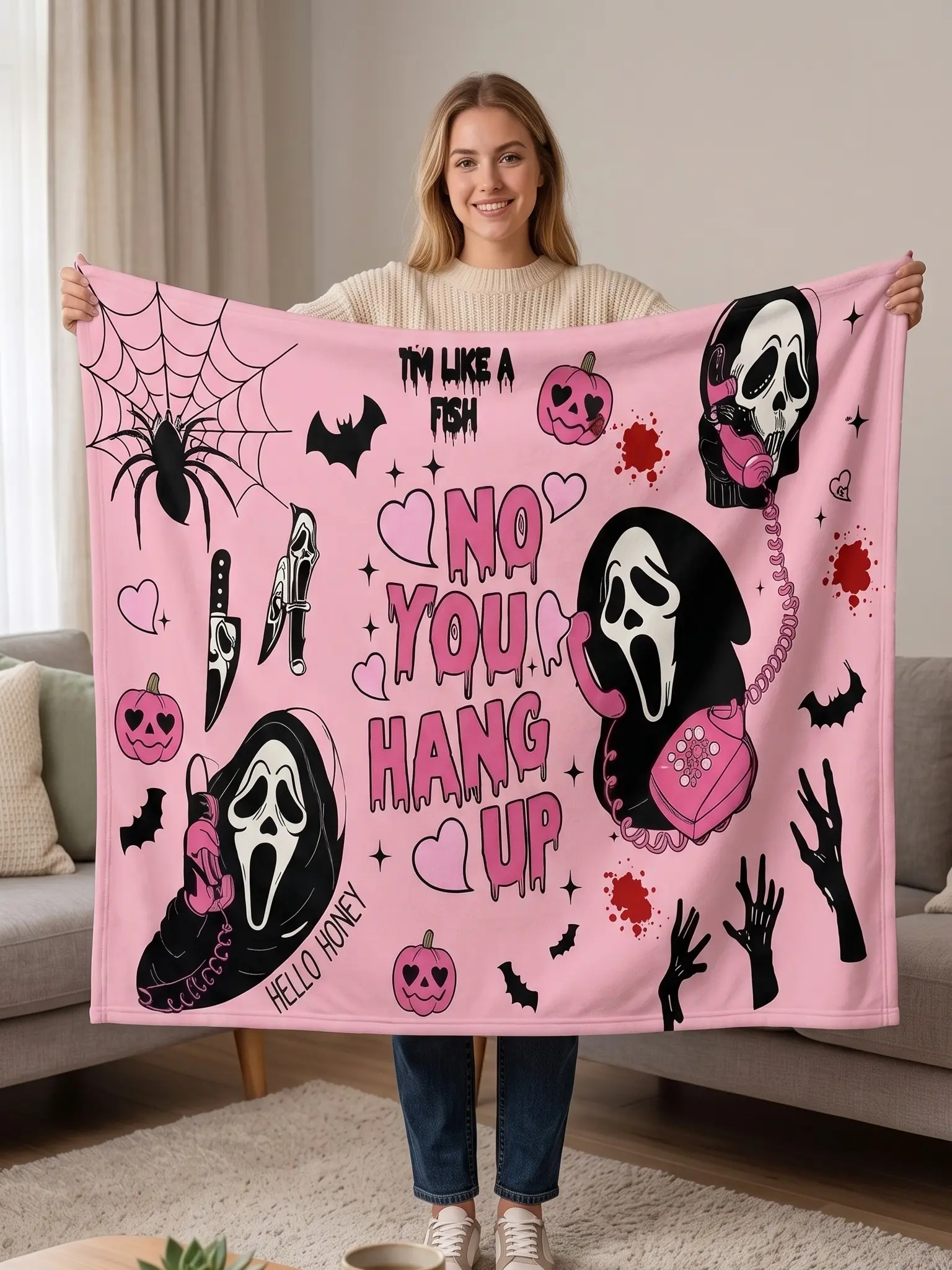 Pink Ghostface Wall Tapestry Flannel Fabric Poster Aesthetic Room Decor - Cute Spooky "No You Hang Up" Horror Movie Theme Art for Bedroom Dorm Living Room - Soft Hanging Decorative Blanket Gift for Teen Girls Women - Sizes 30x40 40x50 50x60 60x80in