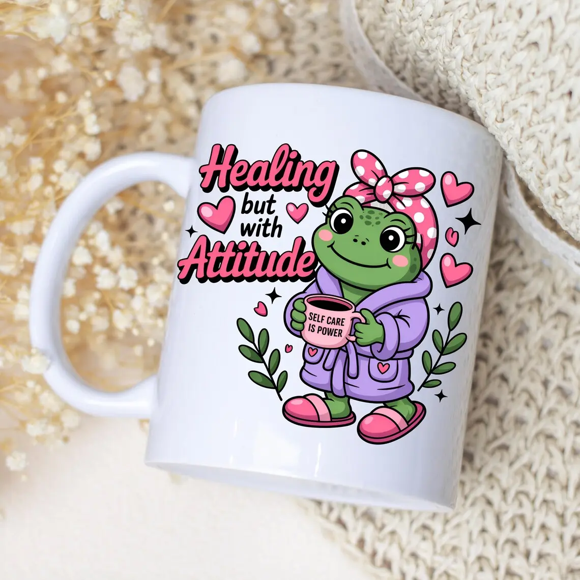 Healing But With Attitude Frog Mug, Funny Self Care Coffee Cup, Cute Frog Gift for Women, Mental Health Affirmation Mug