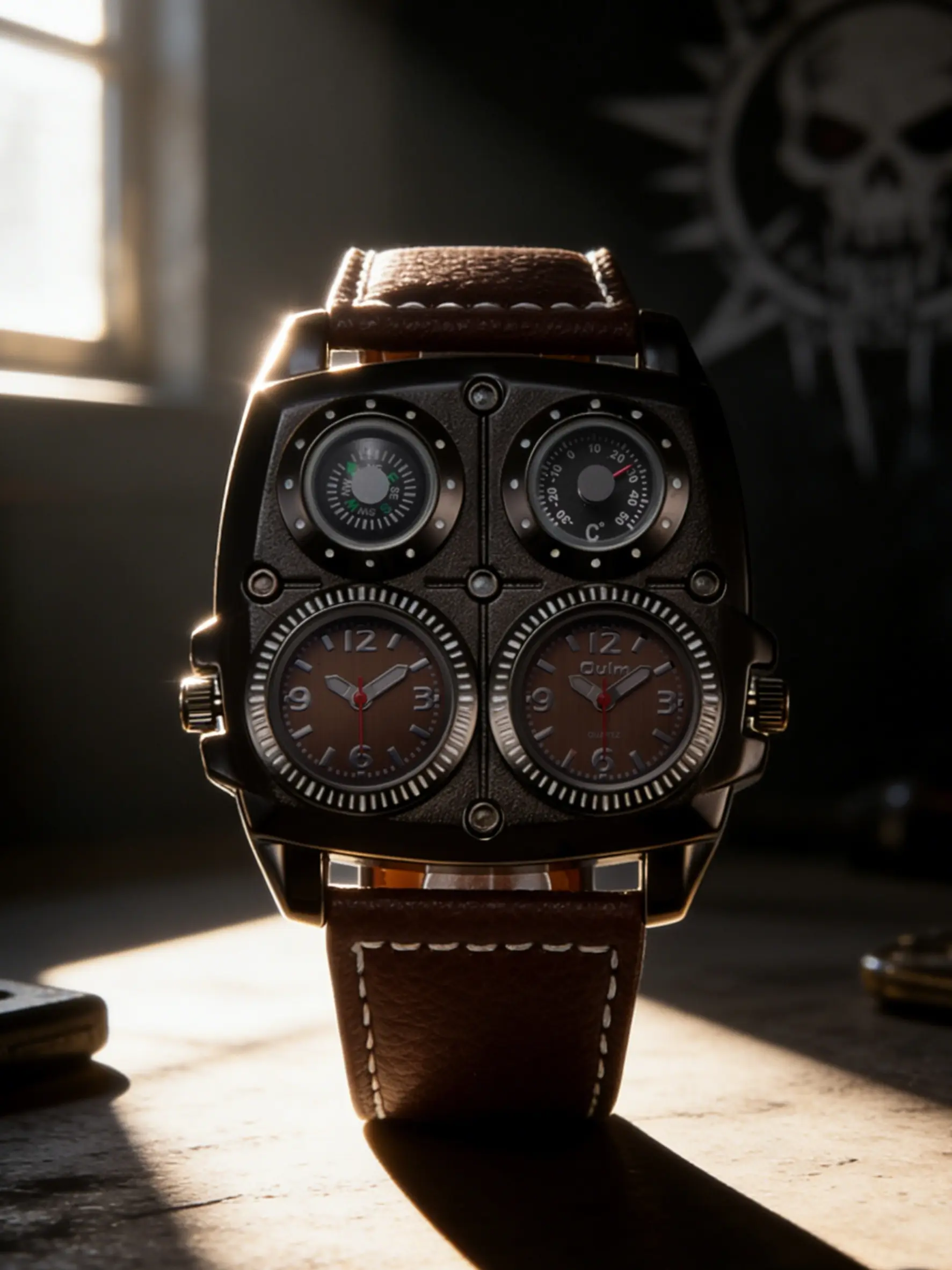 Dark Punk Style Unique Personality Watch, Four-Dial Steel Case with Dual Time Zones, Compass & Thermometer, Leather Strap, Trendy Multifunctional Watch, Street Trend Watch