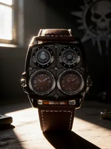 Dark Punk Style Unique Personality Watch, Four-Dial Steel Case with Dual Time Zones, Compass & Thermometer, Leather Strap, Trendy Multifunctional Watch, Street Trend Watch