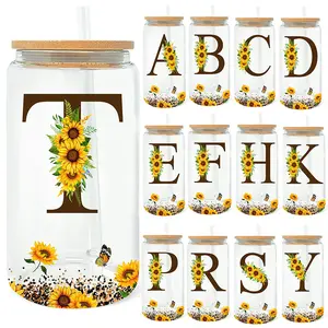 Sunflower A-Z Pattern Monogrammed Glass Cup - Christian Gifts for Women - Drinking cup for Home Office, Religious Gifts for Mom, Wife, Coworkers, Friend - Personalized Birthday Gifts For Women - 16oz Glass Cup with Straw