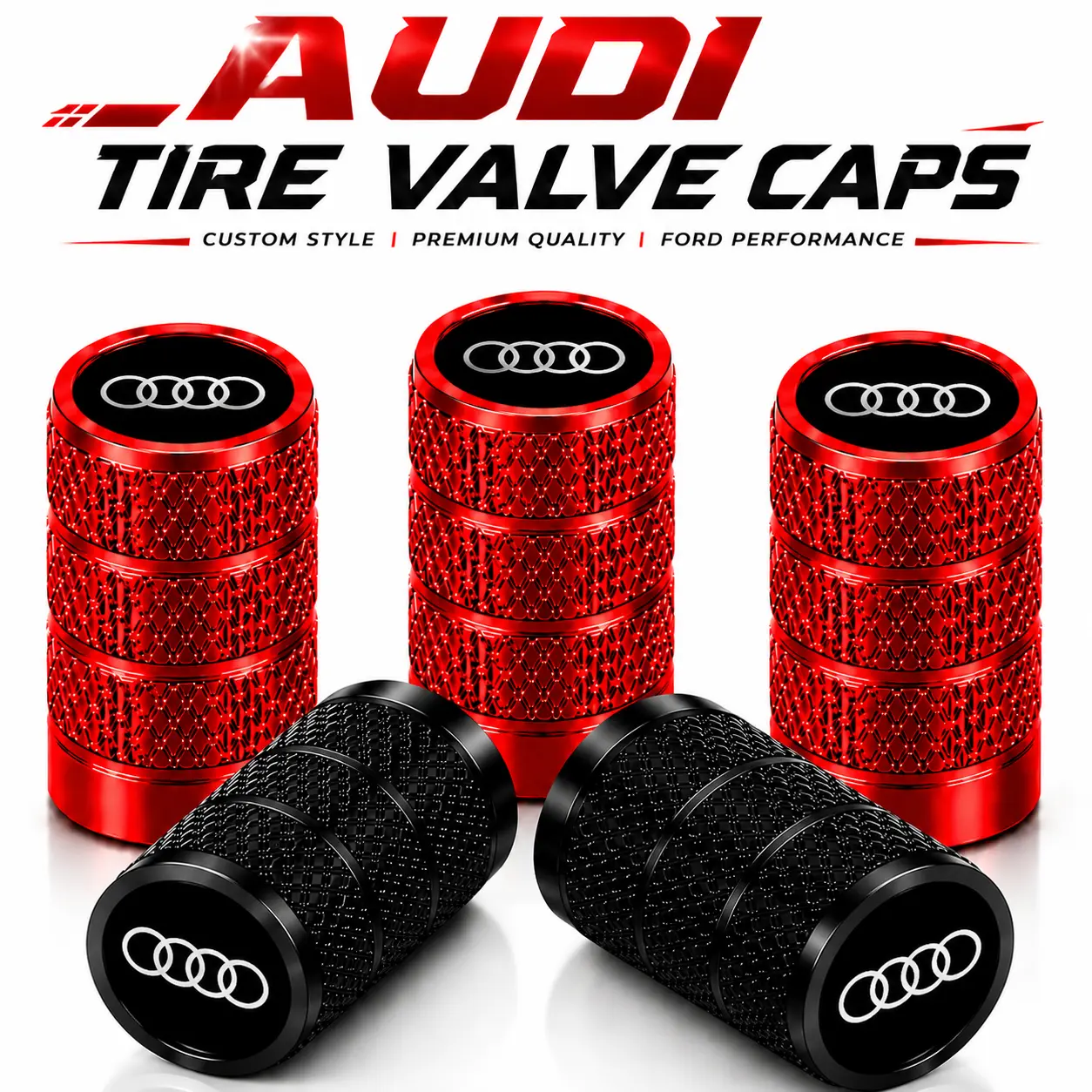 Premium 5 Pack Aluminum Alloy Tire Valve Stem Caps with Rubber Seal For Audi Q5 Q7 A4 Q3 A6 e-tron A3 Anti-Rust Dustproof Airtight Leak-Proof Tool-Free Install German Luxury SUV Sedan Exterior Parts