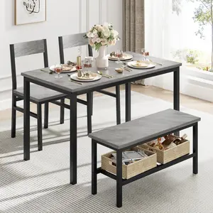 Modern 4-Person Dining Ensemble with Metal Frame and Built-In Storage Rack, Stylish Kitchen Table Complete with Chairs and Bench, Space-Saving Dinette Perfect for Small Homes and Apartments