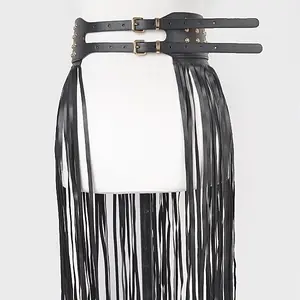 Faux Leather Fringe Belt with Gold-Tone Buckles and Black Fringes Fashion Accessory