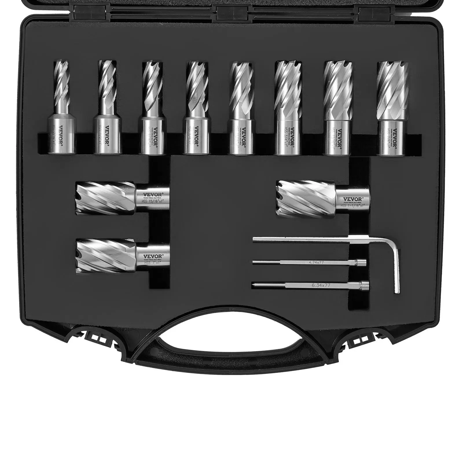 VEVOR Annular Cutter Set, 13 pcs Weldon Shank Mag Drill Bits, 7/16" to 1-1/16" Cutting Diameter, 1" Cutting Depth, M2AL HSS, 2 Pilot Pins, Hex Wrench