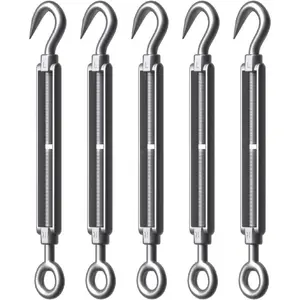 5 Pack Stainless Steel M8 Hook and Eye Turnbuckle, Heavy Duty Wire Rope Tensioner, Adjustable Hardware Kit for DIY String Light and Picture Hanging, Shade Sail, Cable Tightening
