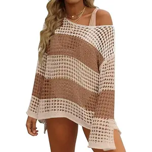 ZESICA Women's 2026 Summer Crochet Hollow Out Long Sleeve Beach Bikini Swimsuit Mesh Cover Up Tunic Top