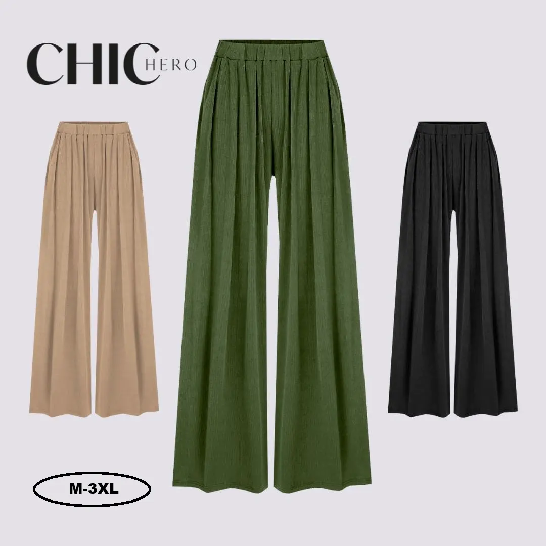 ChicHero Solid Elastic Waist Wide Leg Pants for Women UK 8-30 Comfortable Sweet Casual Formal Trouser Basic Minimalist Winter Wear Dressy Maxi Clothes Machine Washable Bottom fluffy  trousers basic gamis
