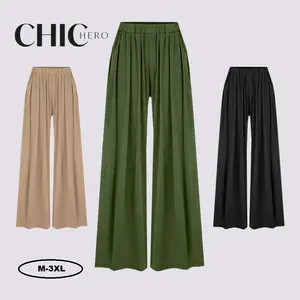 ChicHero Solid Elastic Waist Wide Leg Pants for Women UK 8-30 Comfortable Sweet Casual Formal Trouser Basic Minimalist Winter Wear Dressy Maxi Clothes Machine Washable Bottom fluffy  trousers basic gamis