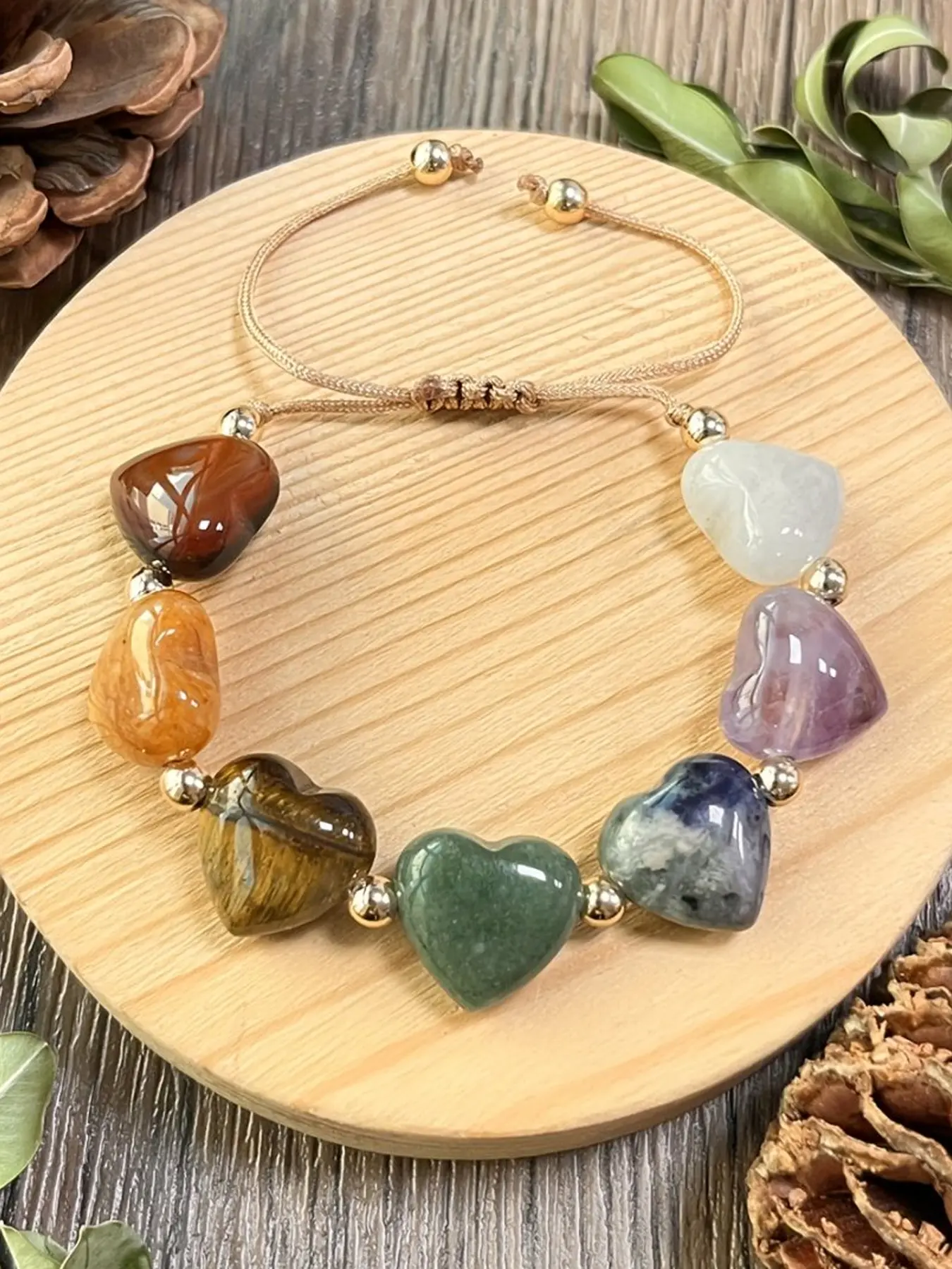 Bohemian Casual Seven-Color Heart Stone Beaded Adjustable Bracelet, Vintage Unisex Yoga Energy Bracelet for Daily Wear, Heart Shaped Bracelet, Adjustable Beaded Design, Beaded Bracelets
