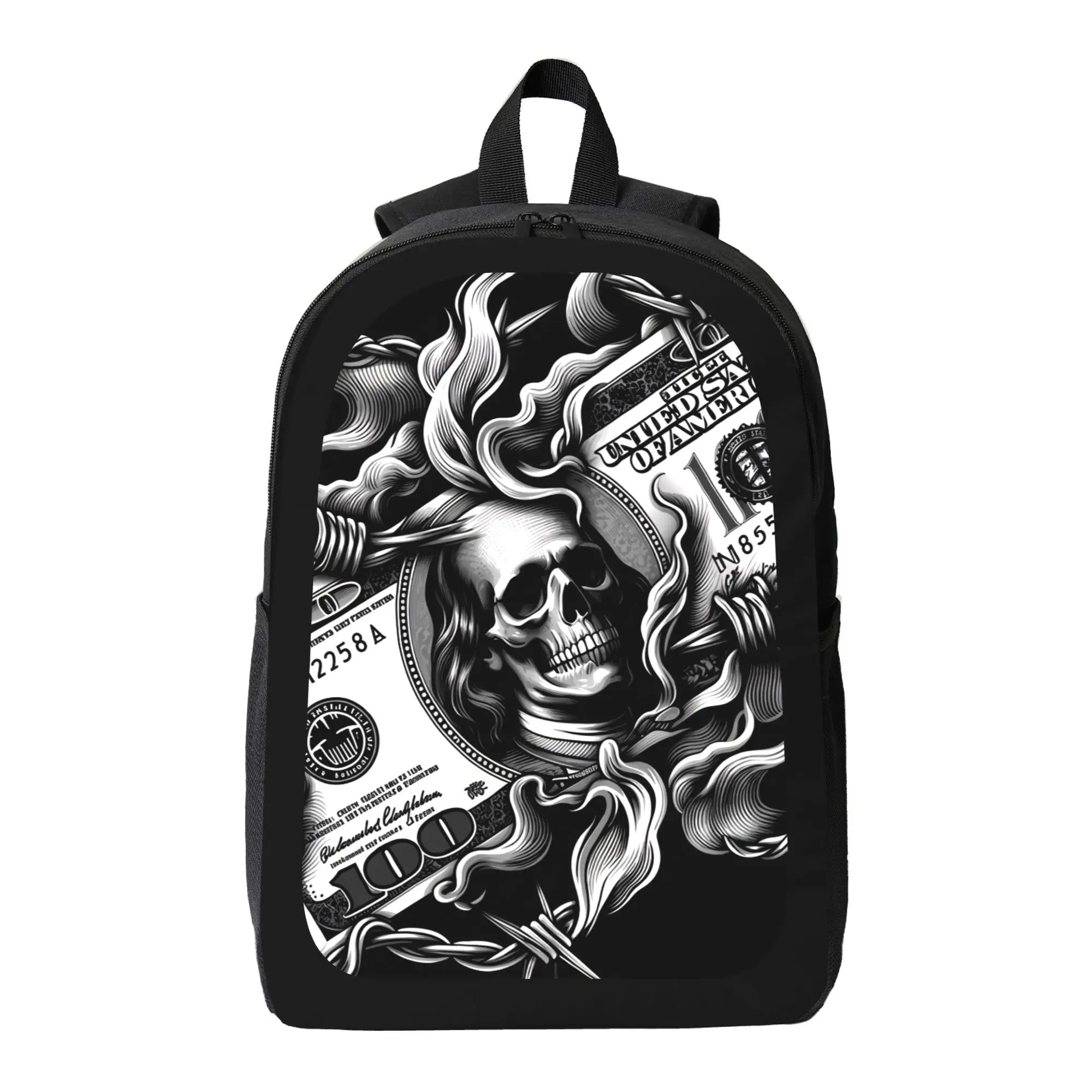 Unisex Large Capacity Lightweight Backpack With Dollar Skull Print, Adjustable Shoulder Straps & Side Storage Pockets, Laptop Daypack For Student School Commute Travel Hiking Outdoor Adventures