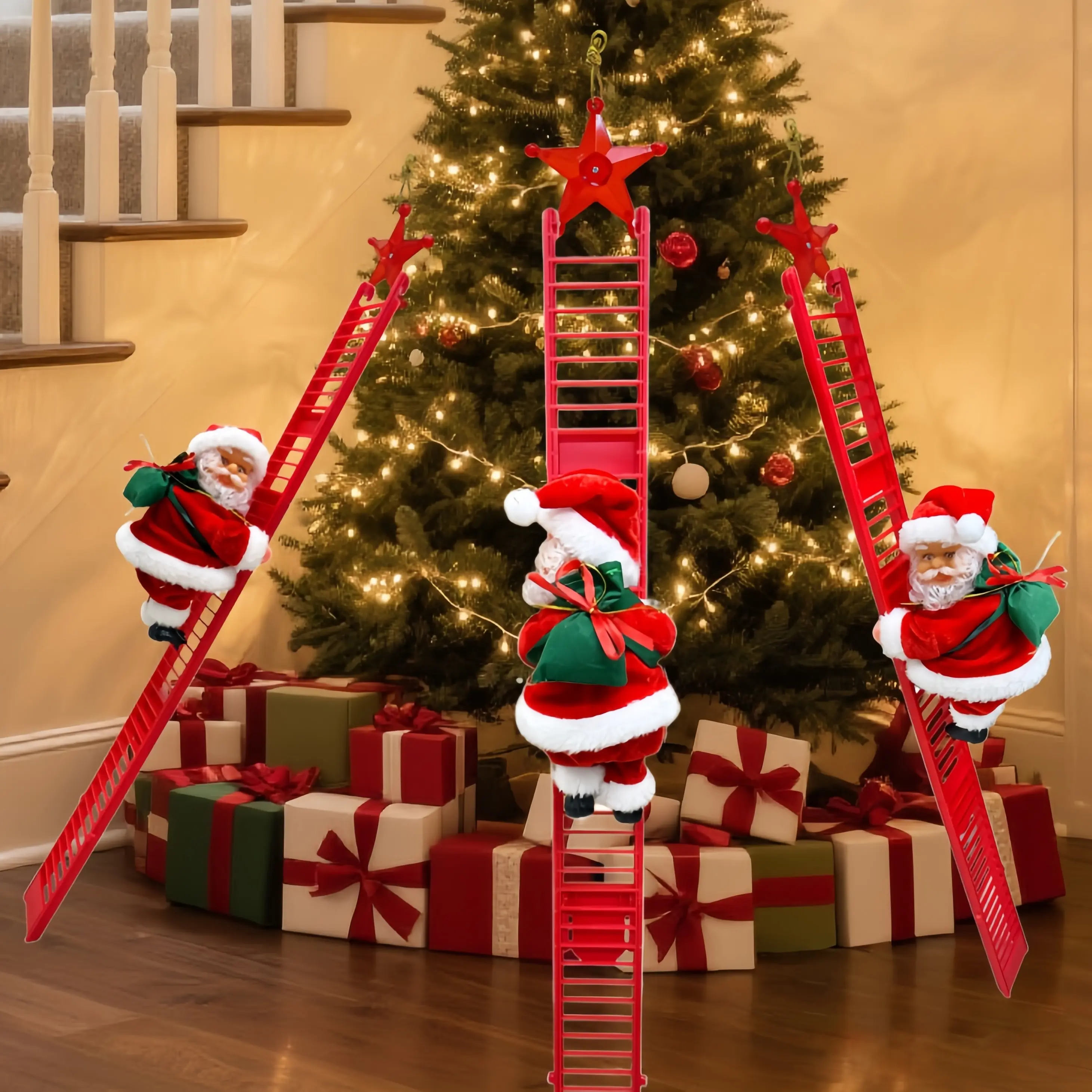 1pcs AA Battery-Powered Electric Climbing Santa with Music - Sturdy Plastic Christmas Tree Ornament, Sturdy for Party Use, Holiday Gatherings Indoor Decor, Festive Accent (Batteries Not Included)