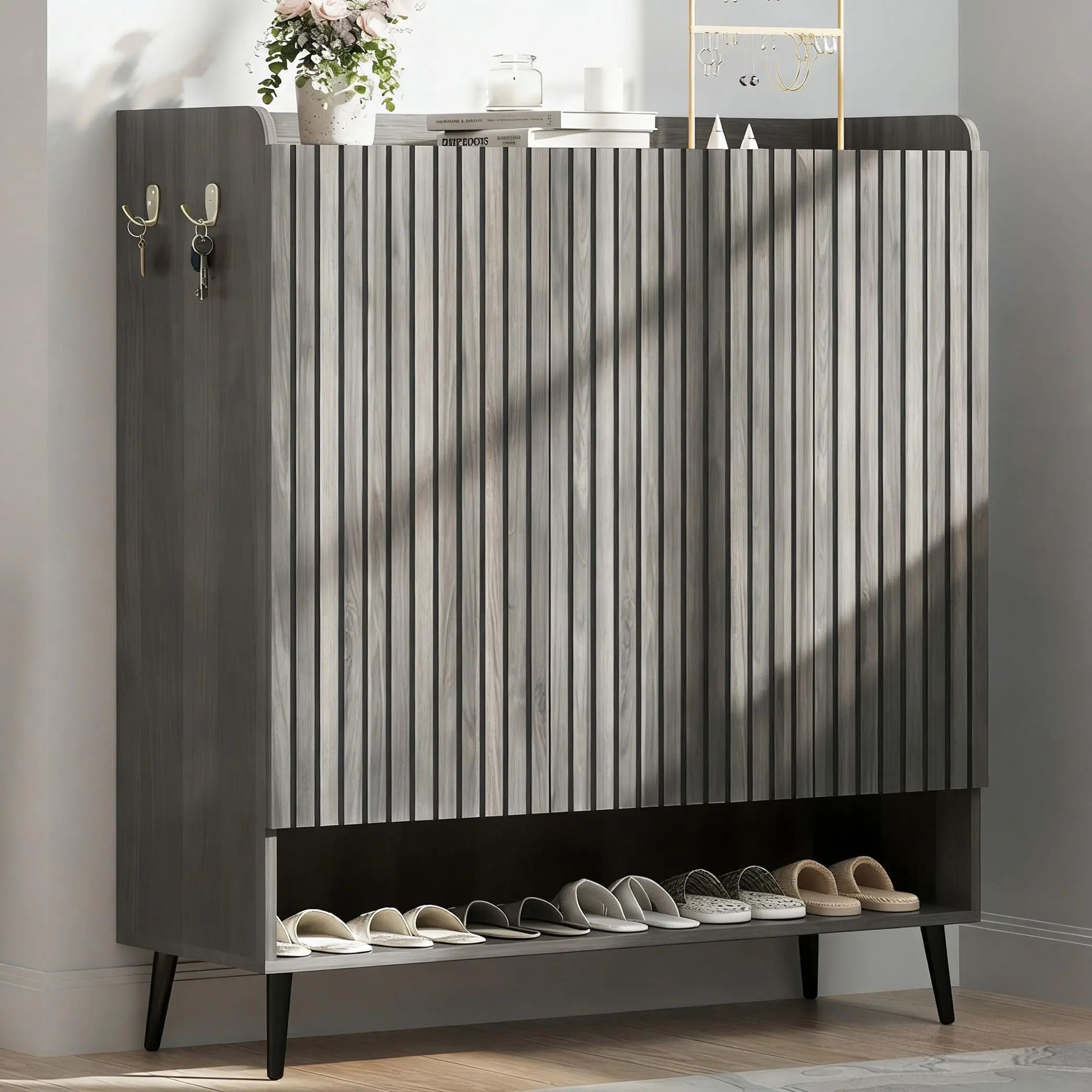 Large Shoe Cabinet with Doors, 3 Door Shoe Storage Cabinet with Adjustable Shelves & Hooks, 6 Tier Shoe Organizer Cabinet for Entryway, Hallway, Wooden Shoe Rack Cabinet for 30+ Pairs